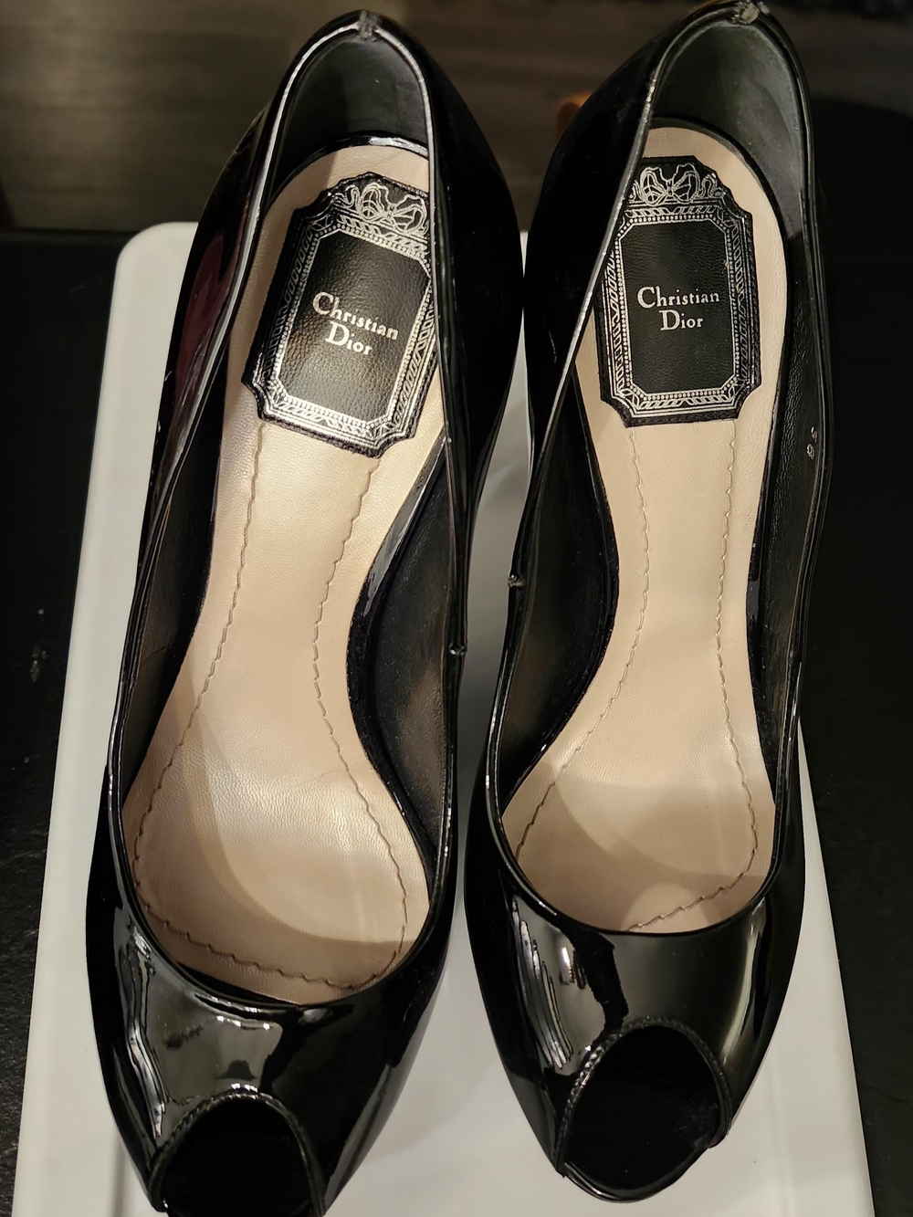 Dior Women's Black Patent Peep-Toe Pumps SIZE 8